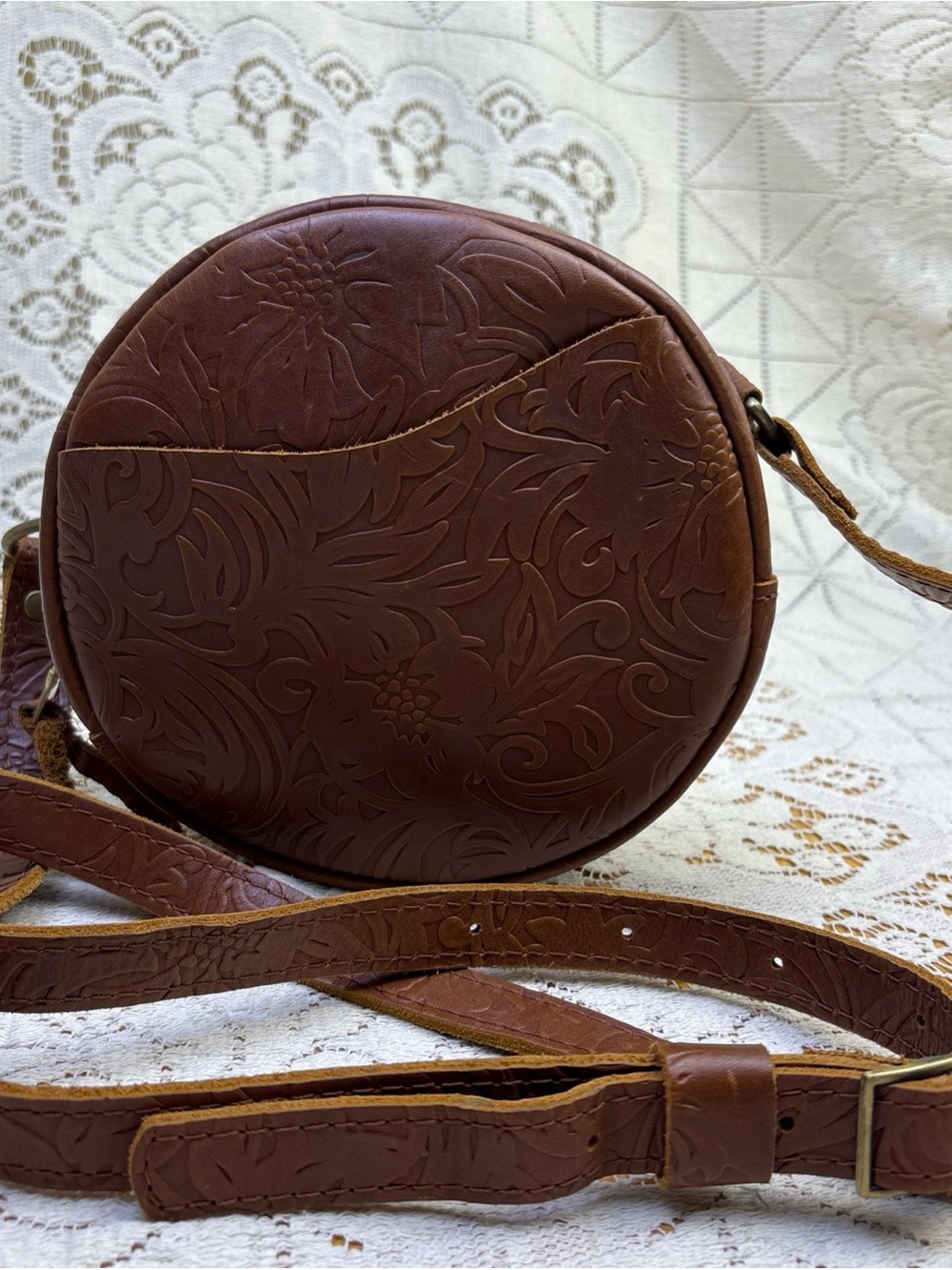 Portland Leather Goods small 7”Circle Crossbody Bag Embossed Brown Meadow